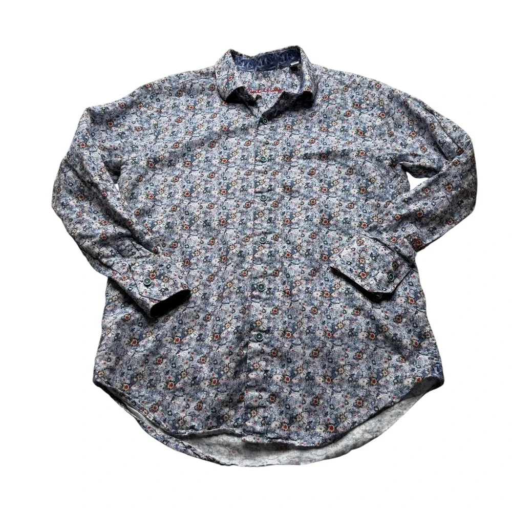 ROBERT GRAHAM Button Down Blue Floral Linen Blend Men's Size Small Dainty LS